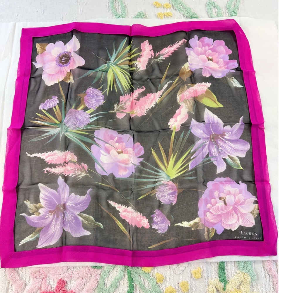 Lauren Ralph Lauren‎ Floral Scarf Black Magenta Pink Purple Silk Blend Square